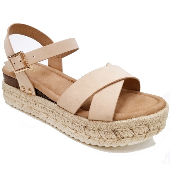 New Nude Open Toe Platform Espadrille Sandals - Picture 1 of 2